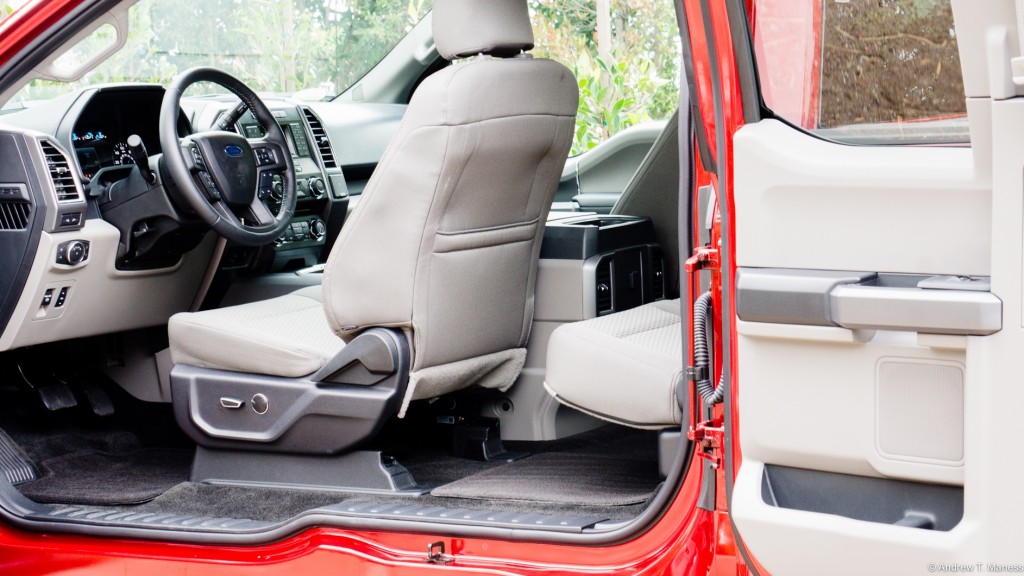 Tan interior inside of the Ford F150 Pickup.