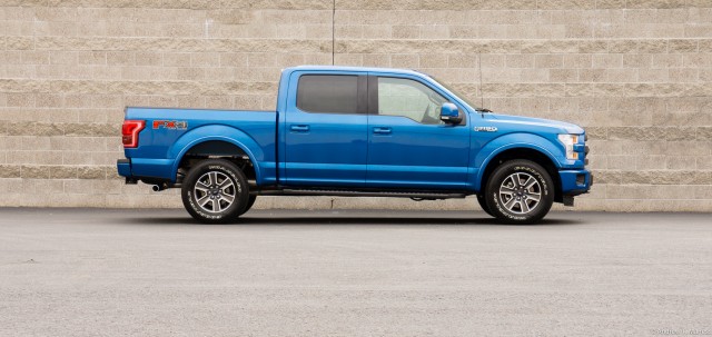 Side view of a blue Ford F-150