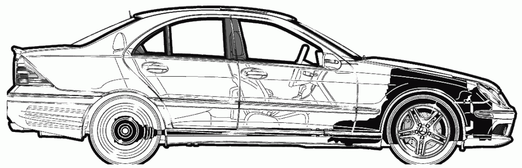 This is a black and white diagram of a W203 Mercedes Benz C55 AMG sedan. Power from the front mounted V8 goes to the rear wheels through a 5 speed automatic transmission.
