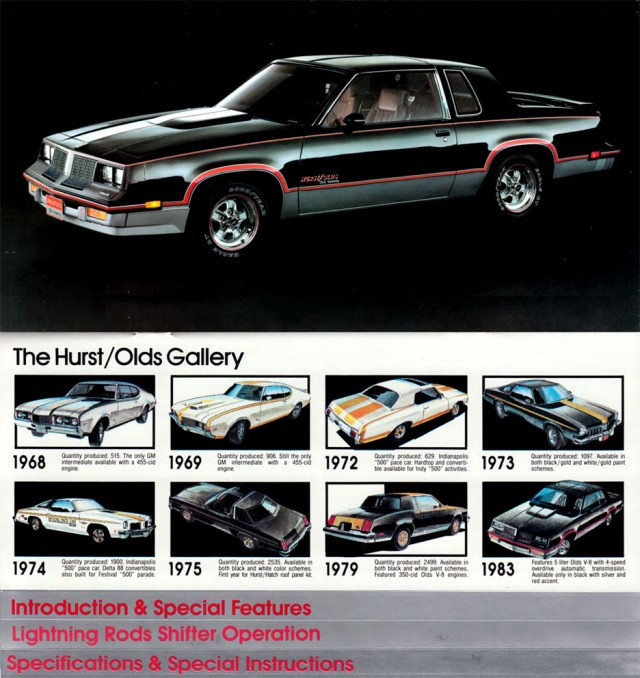 1983 Cutlass Hurst/Olds booklet page featuring Oldsmobile Cutlasses from 1968-1983