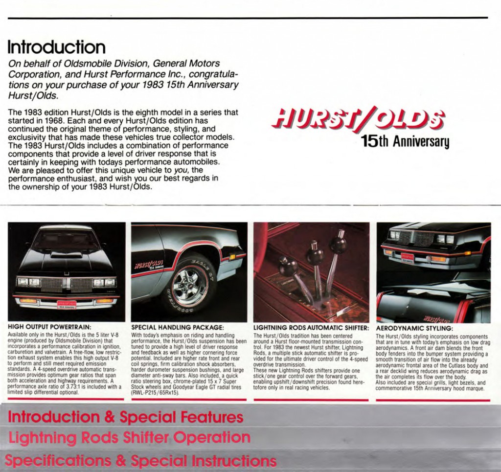 1983 Hurst/Olds booklet introduction page.