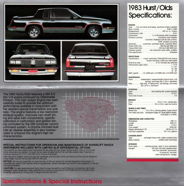 1983 Oldsmobile Cutlass Hurst/Olds Booklet Page with specs and power details.
